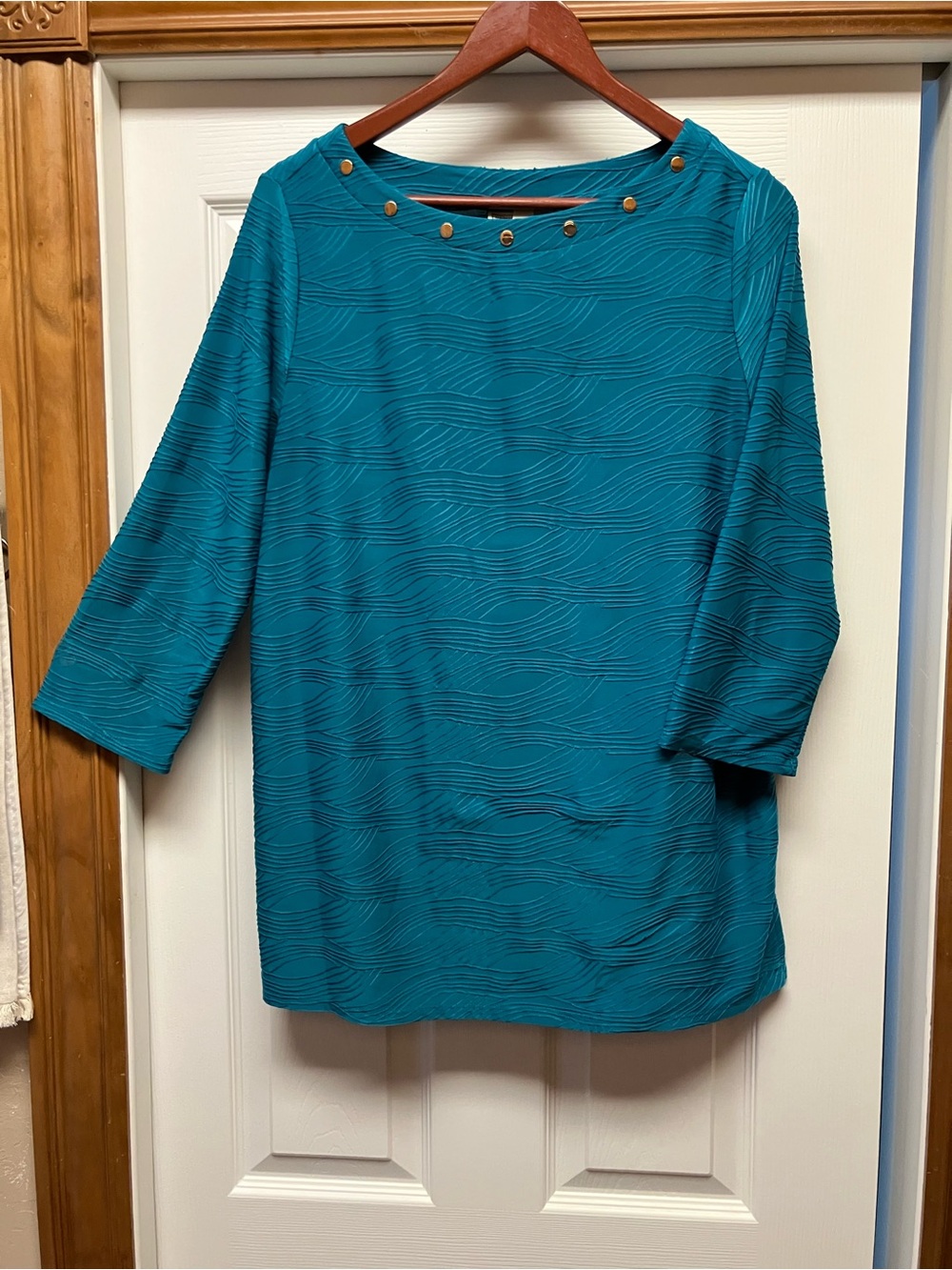 Dana Buchman Teal Wave-Textured Boatneck Top with Gold Studs